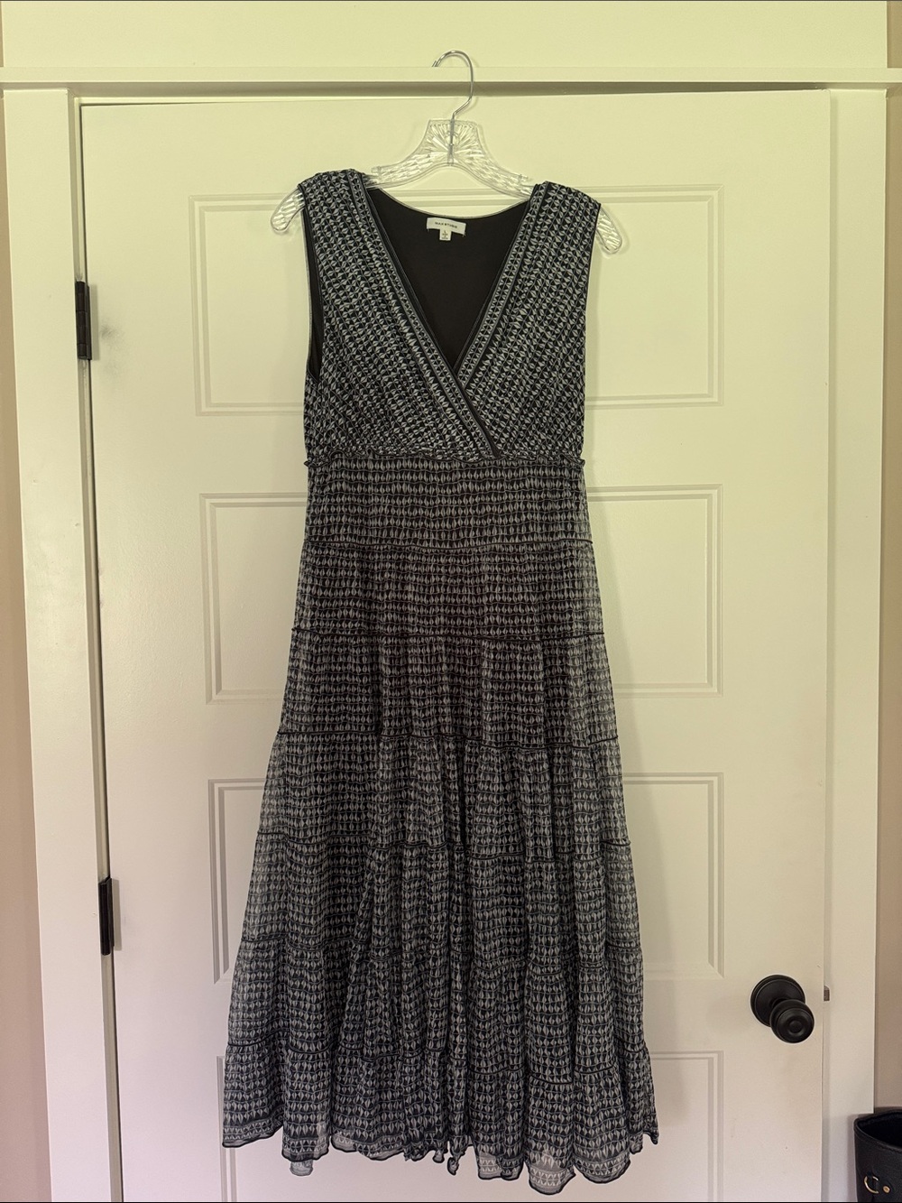 Max Studio Black & White Smocked Waist Tiered Midi Dress